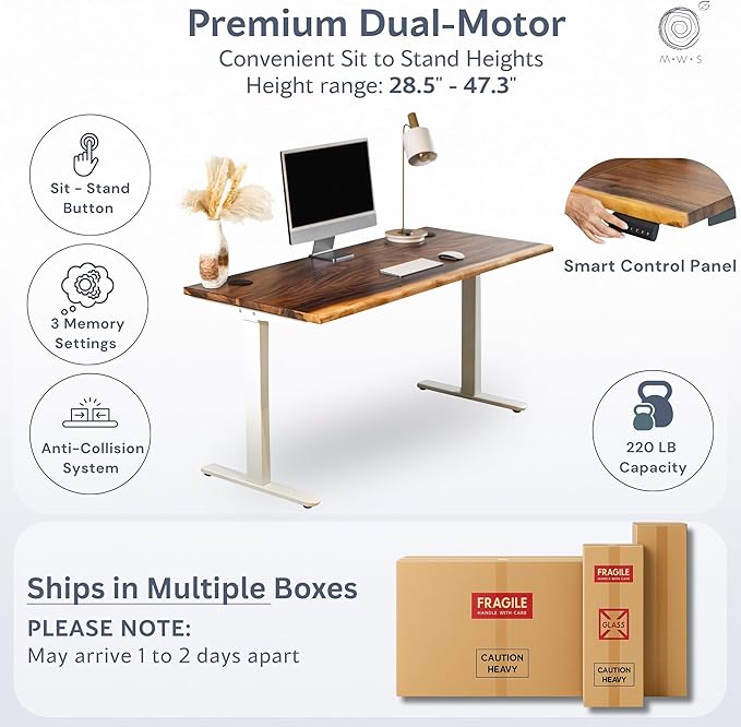Standing Desk with Drawer – Walnut Solid Wood Desk, Natural Live Edge, Adjustable Height Dual Motor, Sit Stand for Home Office (White, W60 x D27)