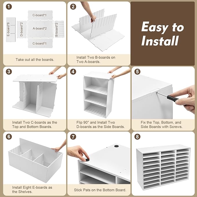Literature Organizer with 27 Compartments | Adjustable Desktop File Sorter Mail Center for Home, Office & Classroom | PVC Paper Storage Cabinet with Shelves, White