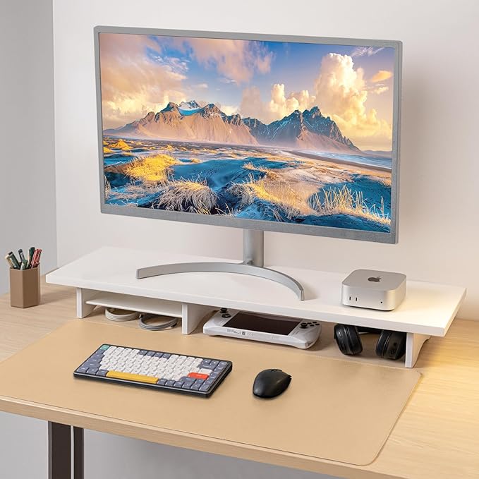 ROCDEER Bamboo Dual Monitor Stand Riser White, 2-Tier Desk Monitor Riser for 2 Monitors, Supports for PC Computer Monitor, Printer, Heavy TV Riser up to 300 lbs, White