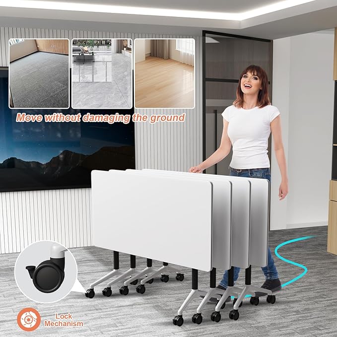 Conference Table Flip Top Mobile Conference Room Tables,Folding Conference Table with Wheels,Large Meeting Training Seminar Table Saving Space for Office Classroom(8A,61'')