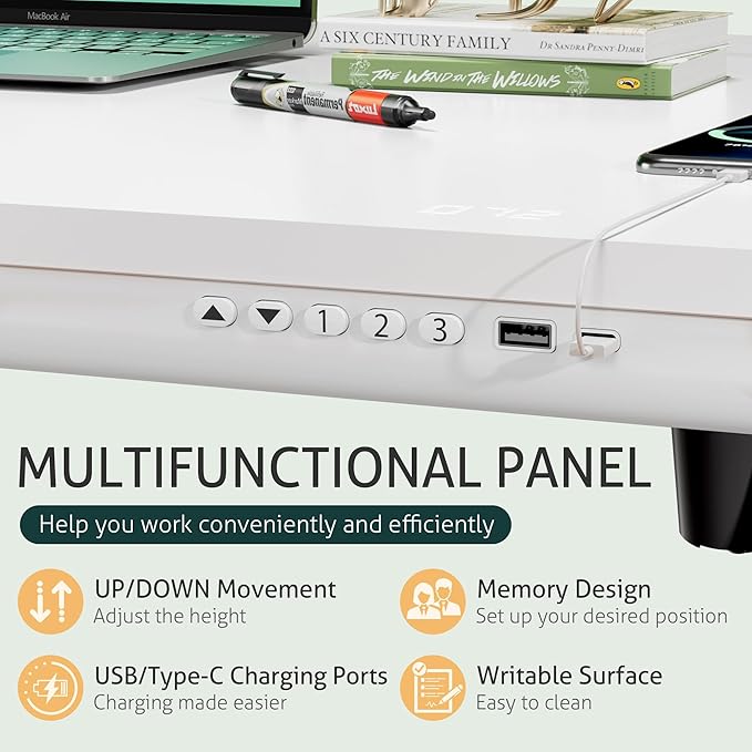 Furmax Adjustable Height Electric Standing Desk with Drawers, 48 Inch Sit Stand Desk with One-Piece Thickened Desktop & USB Charging Port for Home Office Computer Desks (White Desktop, 48 Inch)