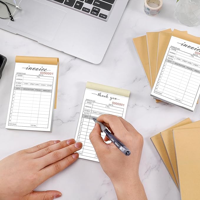12 Pack Thank You Receipt Book, 3.4x5.5" Handheld 2-Part Carbonless Sales Invoice Book, Invoice Pad with Cardboard for Small Boutique Business, (50 Sets)
