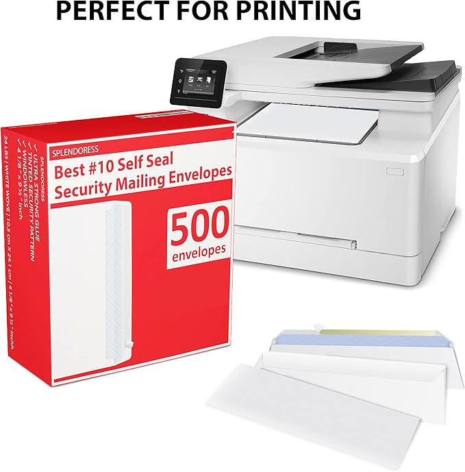 #10 Envelopes Letter Size Self Seal | 500 Business Mailing Security Peel and Sealing Envelope | 100% Tinted | no 10 White Windowless Legal Regular Plain Envelops Pack | 4-1/8 x 9-1/2 Inches | 24 LB
