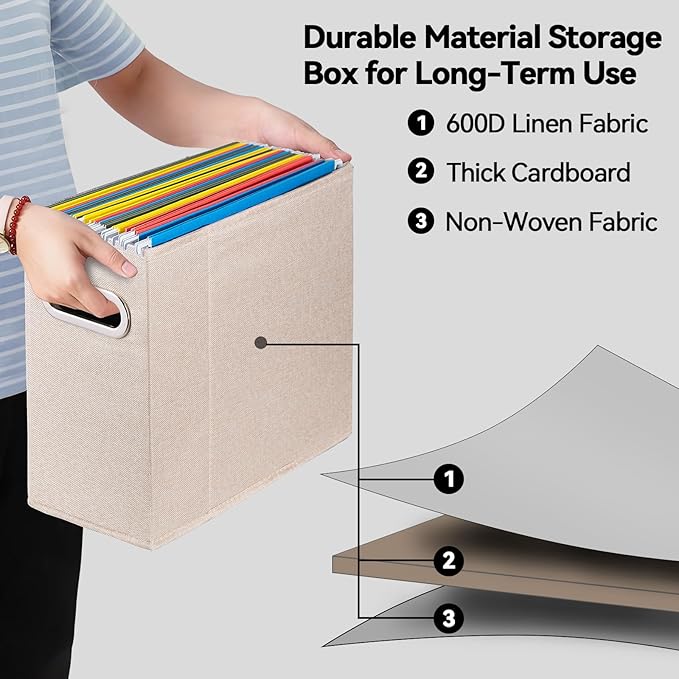 ComfortKeeper 4 Packs Letter Size File Organizer, File Folders Organizer, Fabric Storage Box, Collapsible Paper Organizer with Metal Handle, Smooth PVC Rails, Only Box (Beige)