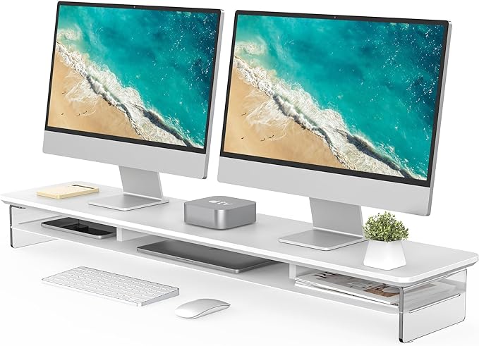 Fenge Acrylic Monitor Stand Riser, 42.5 Inches Dual Monitor Stand with Metal Storage, 2 Tier Acrylic Computer Riser for Desk, Clear Laptop Stand for PC, Laptop, Printer, TV, White