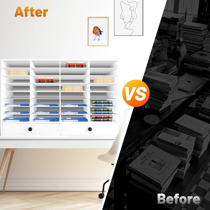 Fifizoo Literature Organizer with 32 Compartments | Adjustable Desktop File Sorter Mail Center for Home, Office & Classroom | PVC Paper Storage Cabinet with 2 Drawers and Shelves, White