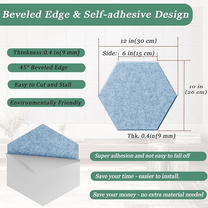 Hexagonal Acoustic Panels-12 Pack High-Density Sound Absorbing Panels 12"X10"X0.4" for Enhanced Noise Reduction, DIY Design, Idea for Studios, Offices, and Home Theaters(Light Sky Blue)