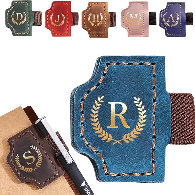 Personalized Mark Bookmark with Pen Holder, Leather Magnetic Book Marker 26 Letters,Custom Initials Page Marks, Gifts for Book Lovers Readers Men Women (Blue, R)