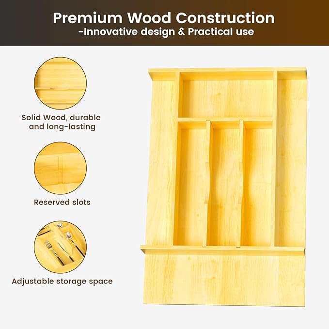 Evjocoh Silverware Drawer Organizer Wood with Adjustable Partition for Kitchen Utensil Cutlery Flatware Cabinet Storage Compartment Tray Insert with Dividers (13.2" W x 19.5" D x 2.5" H)
