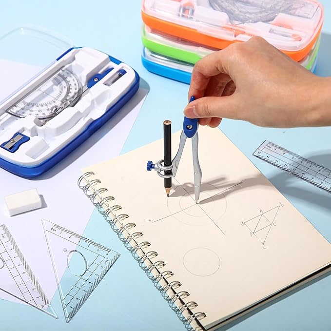 Zonon 6 Sets Math Geometry Kit Student 10 Pcs Shatterproof Storage Box Includes Compass, Rulers, Protractor, Eraser, Pencil Sharpener, Lead Refills, Pencil for Back to School Students Class Teacher