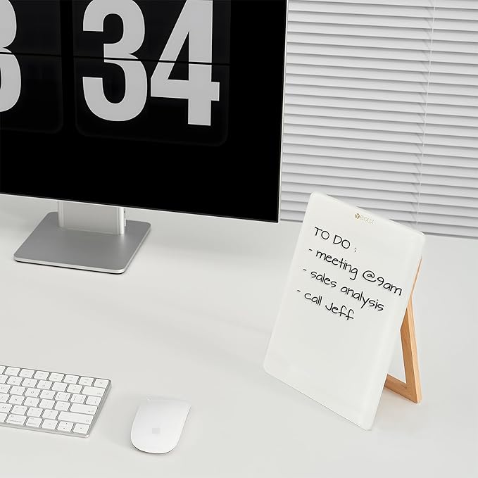 Desktop Glass Whiteboard with Reversible Wood Stand, Small White Board, Mini Dry Erase Whiteboard Easel for Desk, Reusable Desk Notepad 9.5"x6.7" for Home, Office, Accessories Included, Yeoux