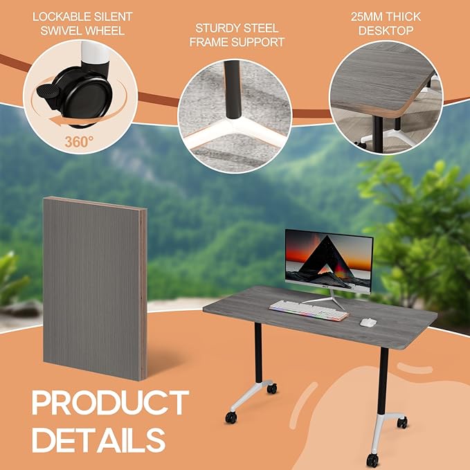 Folding Conference Table 4ft 5ft, Foldable Office Meeting Desk for 6 People, Multiple Sizes Colors Mobile Conference Room Table for Training Room School Business Furniture (4, Grey, 71in)