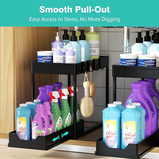 APWNRJA Under Sink Organizers 2 Pack, Pull-Out Sliding Cabinet Organizer with 2-Tier Storage Shelf & 4 Hooks, Multi-Purpose for Kitchen & Bathroom (13 Inch, Black)