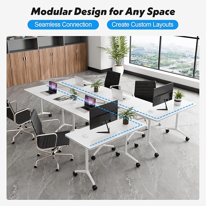 Goakwwuz Conference Room Table, Folding Conference Tables,Thicken Grey Tabletop,Flip Top Wooden Seminar Meeting Room Table for Conference Room Offices (6, White, 61.0“)