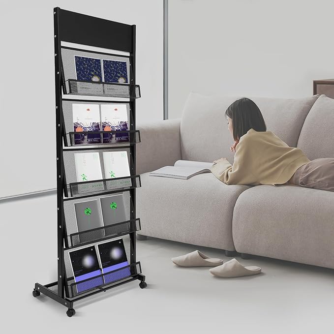 Magazine Display Stand, Magazine Holder with 4 Wheels, Screwdriver and Spanner for Shops, Christmas-Themed Shops, Offices, Living Rooms