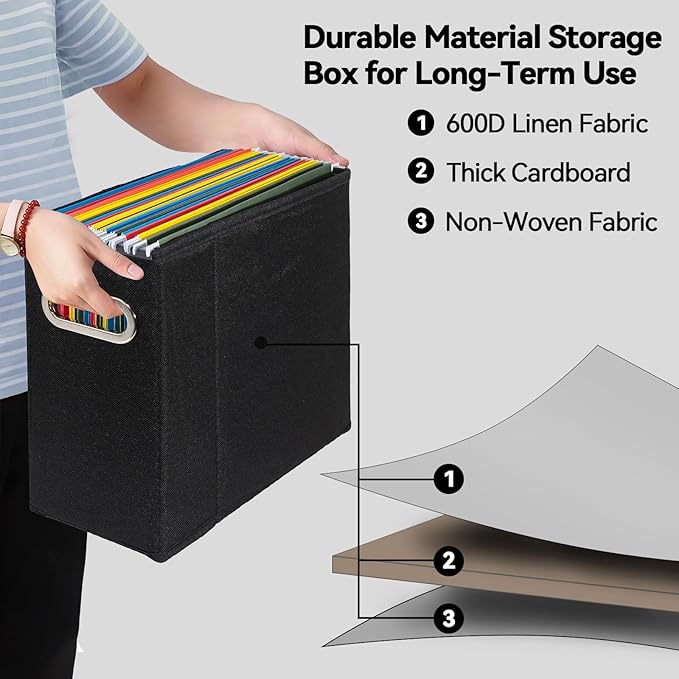 ComfortKeeper 6 Packs Letter Size File Organizer, File Folders Organizer, Fabric Storage Box, Collapsible Paper Organizer with Metal Handle, Smooth PVC Rails, Only Box (Black)