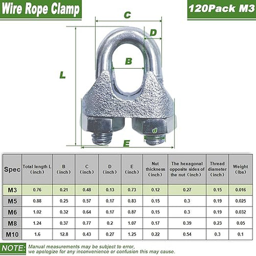 120 PCS 1/8 Inch Wire Rope Clamps, M3 Heavy Duty Galvanized Wire Cable Clamps for Tent Ropes, Boat, Clotheslines, U-Bolt Saddle Fasteners for Secure Connections