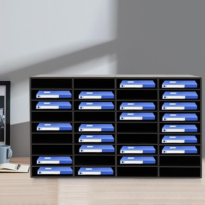 Literature Organizer with 36 Compartments | Adjustable Desktop File Sorter Mail Center for Home, Office & Classroom | PVC Paper Storage Cabinet with Shelves, Black