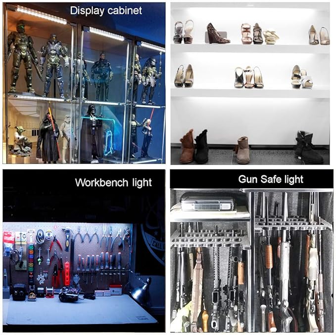 LED Display Lights, (4) Strip Light Bars for Display Case Shelf Showcase Bookshelf Kitchen Workbench, Plug-in Under Cabinet Lighting - (6000K, Cool White)