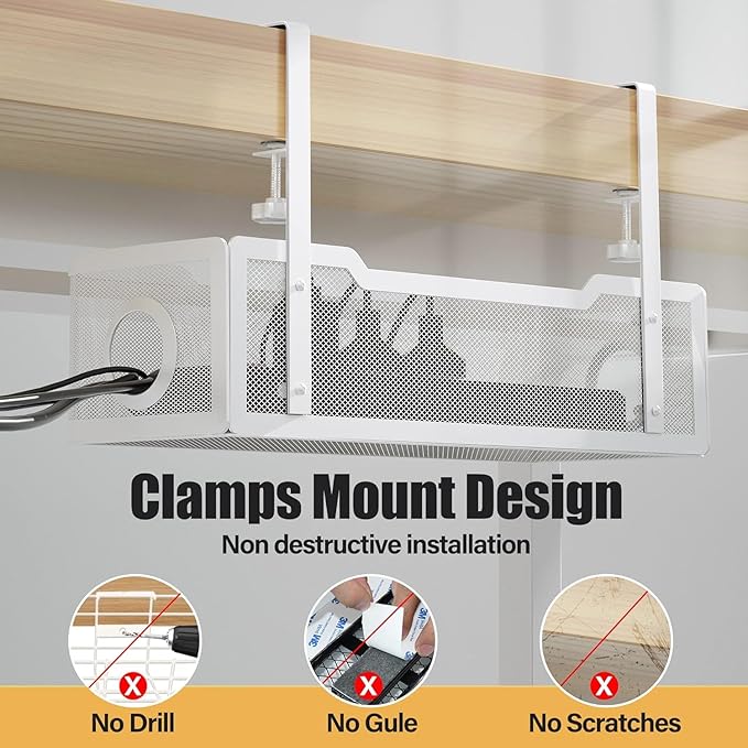 2 Pack Under Desk Cable Management Box White, Cinati 26.8" Wire Organizers No Drill, Cord Organization Tray with Clamp for Office, Home - No Damage to Desk