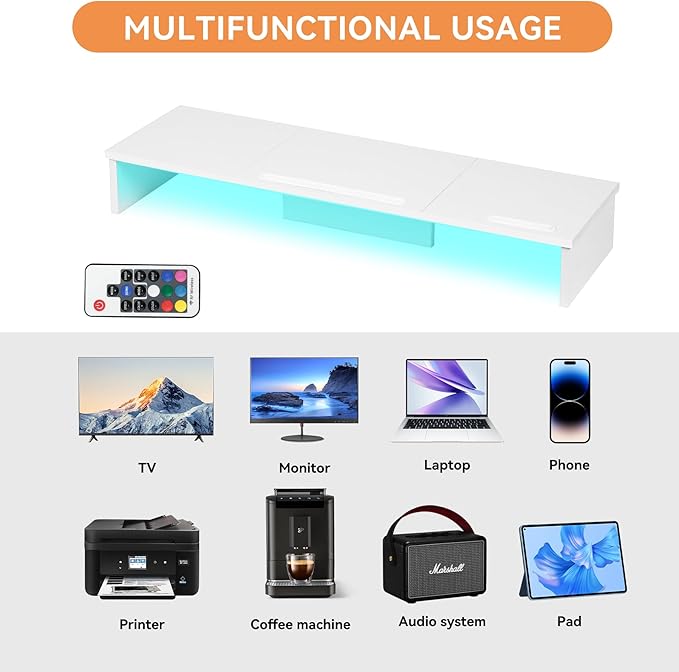 Qupui Dual Monitor Stand Riser with LED Lights and Phone Tablet Holder, 35.8in Large Monitor Stand for Desk, Computer Monitor Stand for 2 Monitors, Desktop Shelf Organizer for Laptop, Printer, TV