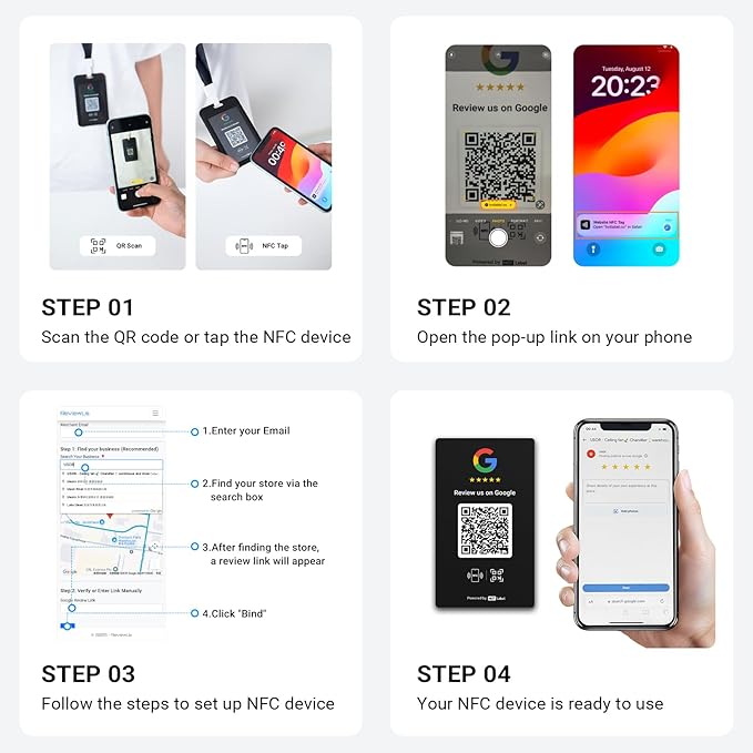 HotLabel Review Stand 3-Pack + Bonus Review Tap Card 3-Pack + For Boosting Business Reviews + White + NFC Tap & QR Code + Supports 2 Different Stores or Same + No App/No Subscription