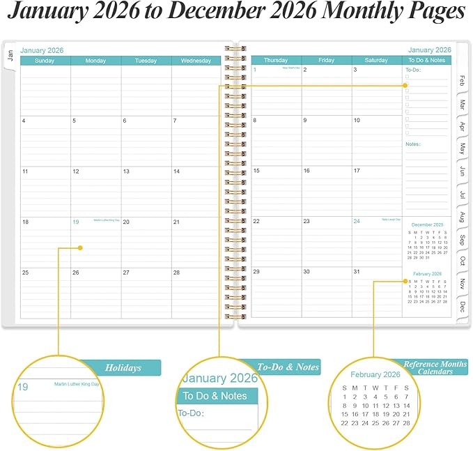 2026 Planner - Planner 2026 from January 2026 to December 2026 with 12 Monthly Tabs, Flexible Cover, Inner Pocket, 8.5" x 11", Leaf Black