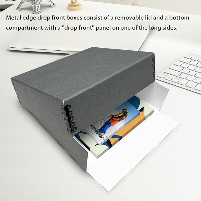 Lineco Museum Archival Storage Box, 9.75x12.75x3 in. Drop Front Design. Acid-Free with Metal Edge. Organize Photos, Pictures, Prints, Documents, Crafts, DIY. Gray, 2 Pack