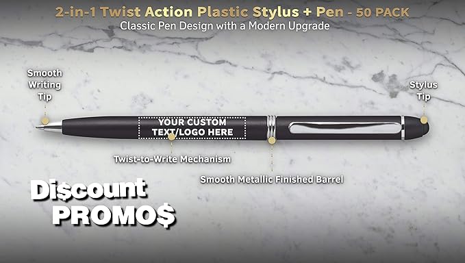 DISCOUNT PROMOS Custom Twist Action Plastic Stylus Pens, Set of 50, Personalized Bulk Pack - Pens for Work, Cool Pens for Writing, Black Ink - Black