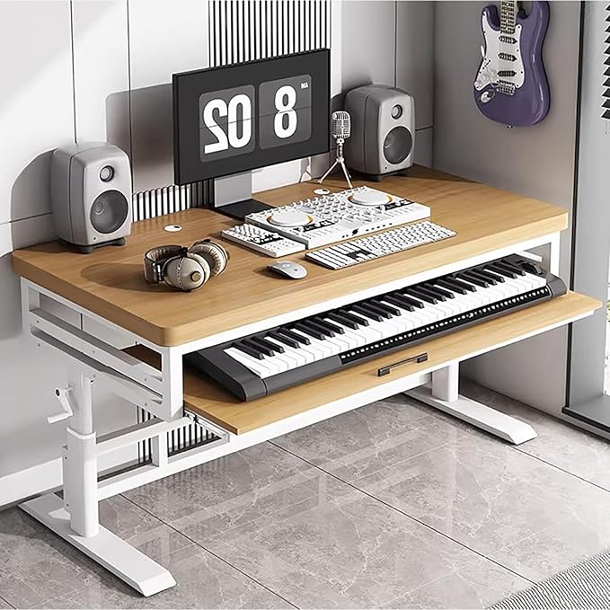 GRIPITHPY Modern Music Studio Desk Workstation with Keyboard Tray,Height Adjustable Standing Desks Table,Recording Studio Desk with Metal Legs,Wood Computer Desk for Home Office Studio