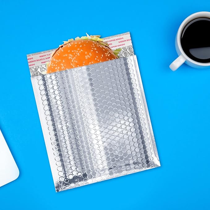 Amiff Silver Thermal Bubble Mailer, 5 x 9 Inches. 250 Pack Metallic Bubble Mailers. Self-Seal Insulated Mailers for Cold Shipping. Padded Envelopes Waterproof. Thermal Bag for Food, Cosmetics