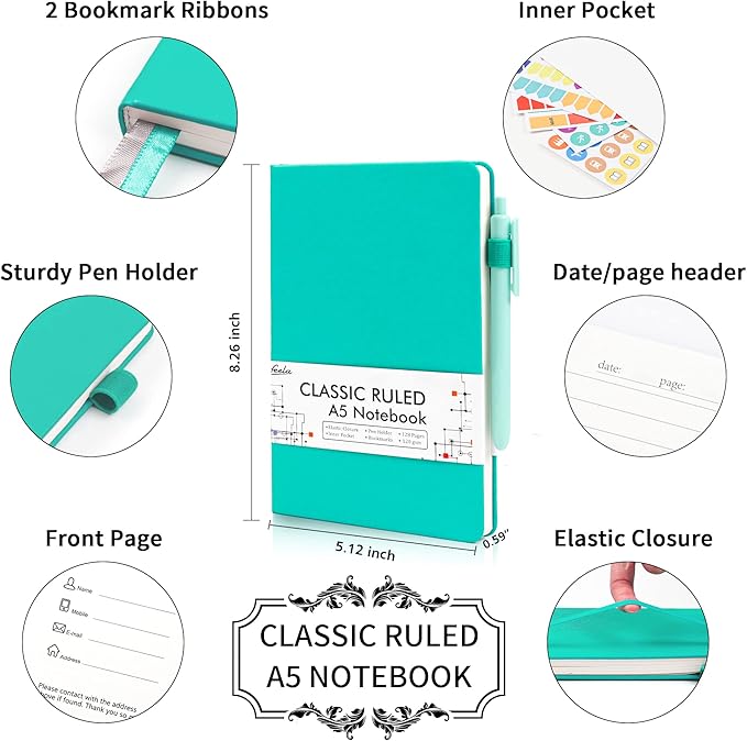 feela 12 Pack Notebooks Journals Bulk, Hardcover Notebook Classic Ruled Lined Journals with Pen Holder for Women Girls School Business Supplies, with 12 Black Pens, 120 GSM, 5.1”x8.3”, A5, Aqua