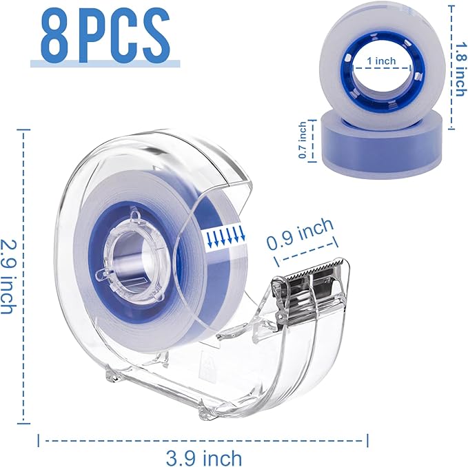 JEFURE 8 Pcs Transparent Tape with Dispenser, 0.7 x 1000 in Blue Core Clear Tape Rolls Bulk, Office Tape Refills for Desk, Craft, and Gift Wrapping