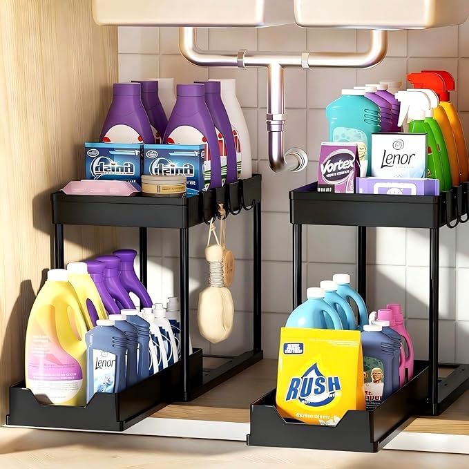APWNRJA Under Sink Organizers 2 Pack, Pull-Out Sliding Cabinet Organizer with 2-Tier Storage Shelf & 4 Hooks, Multi-Purpose for Kitchen & Bathroom (13 Inch, Black)