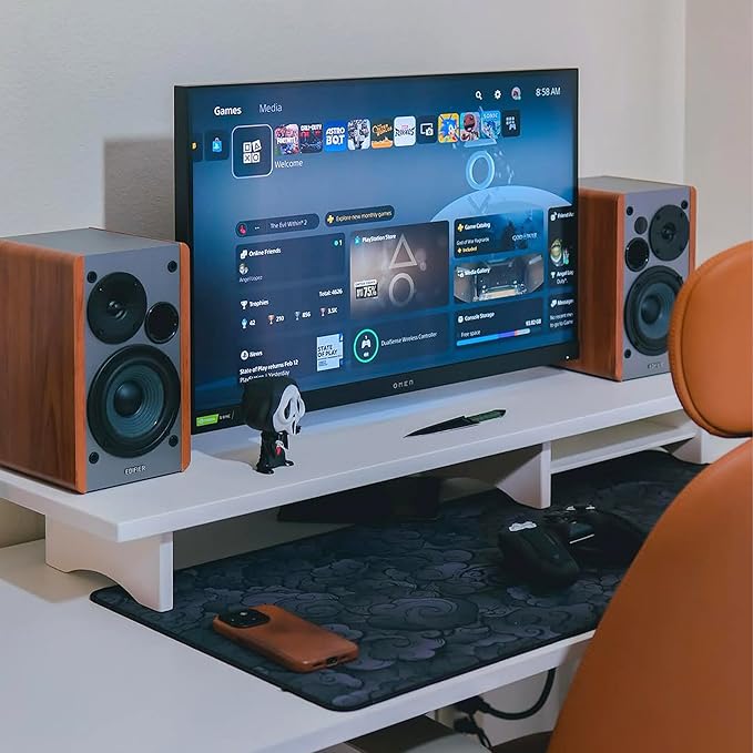 ROCDEER Bamboo Dual Monitor Stand Riser White, 2-Tier Desk Monitor Riser for 2 Monitors, Supports for PC Computer Monitor, Printer, Heavy TV Riser up to 300 lbs, White