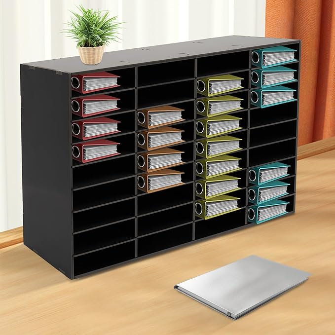 Literature Organizer with 36 Compartments | Adjustable Desktop File Sorter Mail Center for Home, Office & Classroom | PVC Paper Storage Cabinet with Shelves, Black