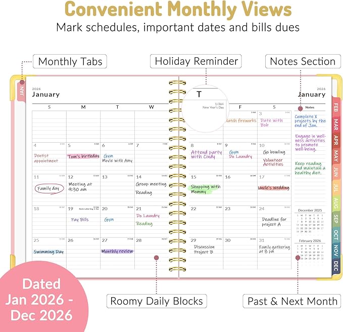 Forvencer 2026 Planner, Hardcover Calendar Planner Weekly and Monthly, Jan 2026 - Dec 2026, 8.5" x 11", Spiral Agenda Book with Tabs, Exquisite Daily Journal Organizer for Home School, Black