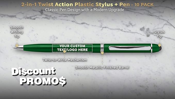 DISCOUNT PROMOS Custom Twist Action Plastic Stylus Pens, Set of 10, Personalized Bulk Pack - Pens for Work, Cool Pens for Writing, Black Ink - Green