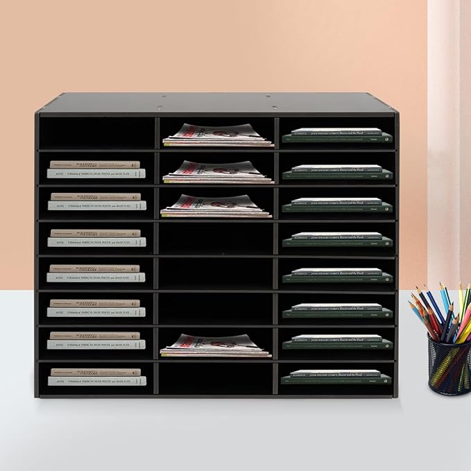 Literature Organizer with 24 Compartments | Adjustable Desktop File Sorter Mail Center for Home, Office & Classroom | PVC Paper Storage Cabinet with Shelves (Black, 24 Compartments)