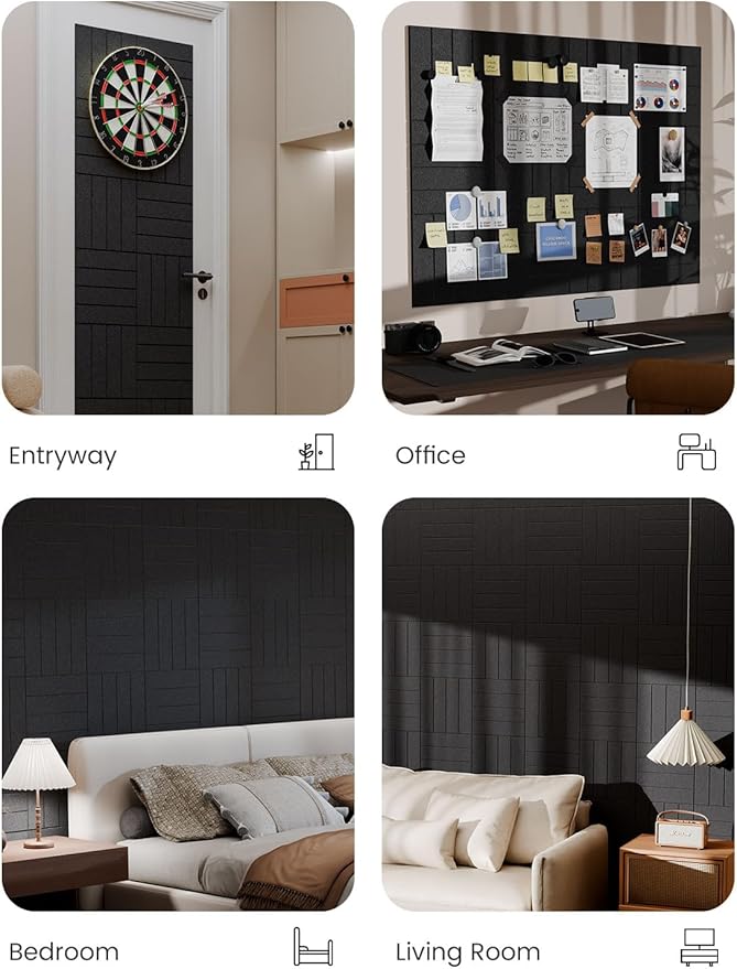 Bumusty Large Cork Board Alternative-47 x35 Felt Bulletin Board Tiles, with 30 Pushpins, 70 Adhesive Tabs, 12-Pack Slat Wall Paneling, Cork Boards for Office Push Pin Board Felt Board-Black