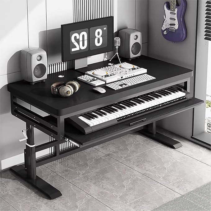 GRIPITHPY Modern Music Studio Desk Workstation with Keyboard Tray,Height Adjustable Standing Desks Table,Recording Studio Desk with Metal Legs,Wood Computer Desk for Home Office Studio