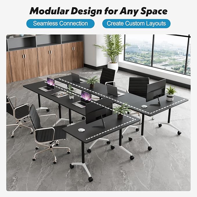 Goakwwuz Conference Room Table, Folding Conference Tables,Thicken Grey Tabletop,Flip Top Wooden Seminar Meeting Room Table for Conference Room Offices (6, Black, 55.1”)