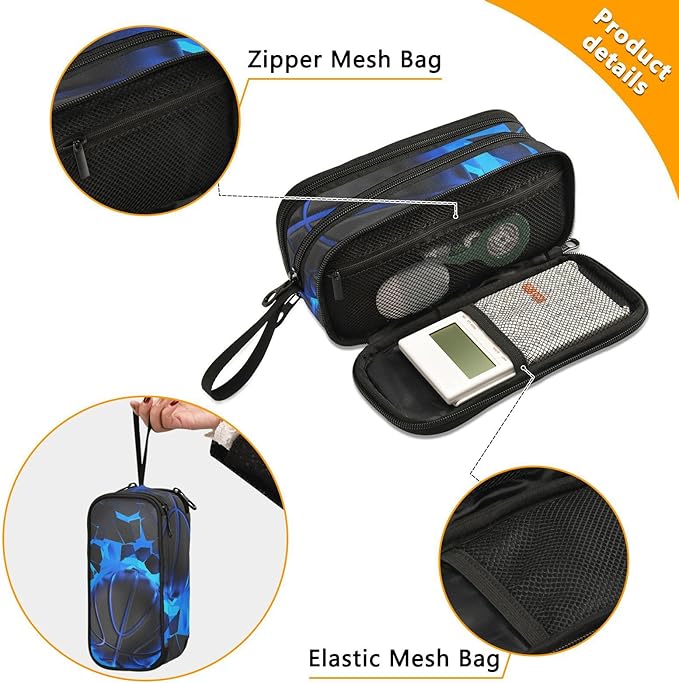 BOENLE 3d Basketball Blue Lighting Pencil Case Box Boys Girls Large Pencil Pouch with Zipper Compartments Big Capacity Stationery Pen Bag Organizer for Kids Teens Adults School
