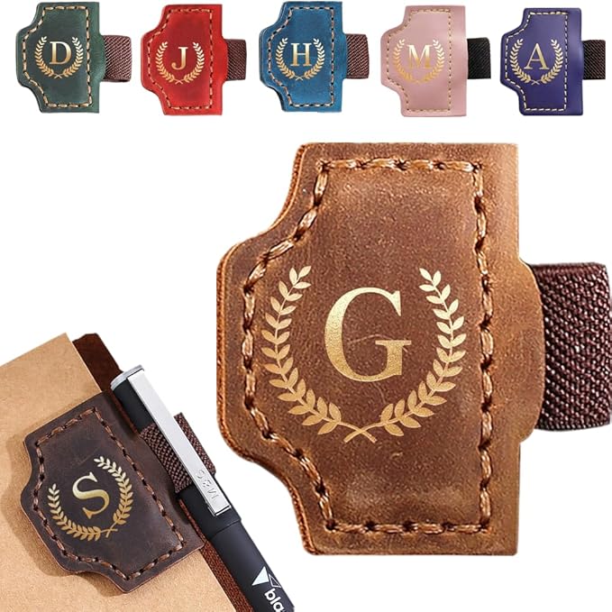 Personalized Bygone Mark Bookmark with Pen Holder, Leather Magnetic Bookmark 26 Letters,Gifts for Book Lovers, Readers, Leather Book Marks for Men Women (Brown, G)