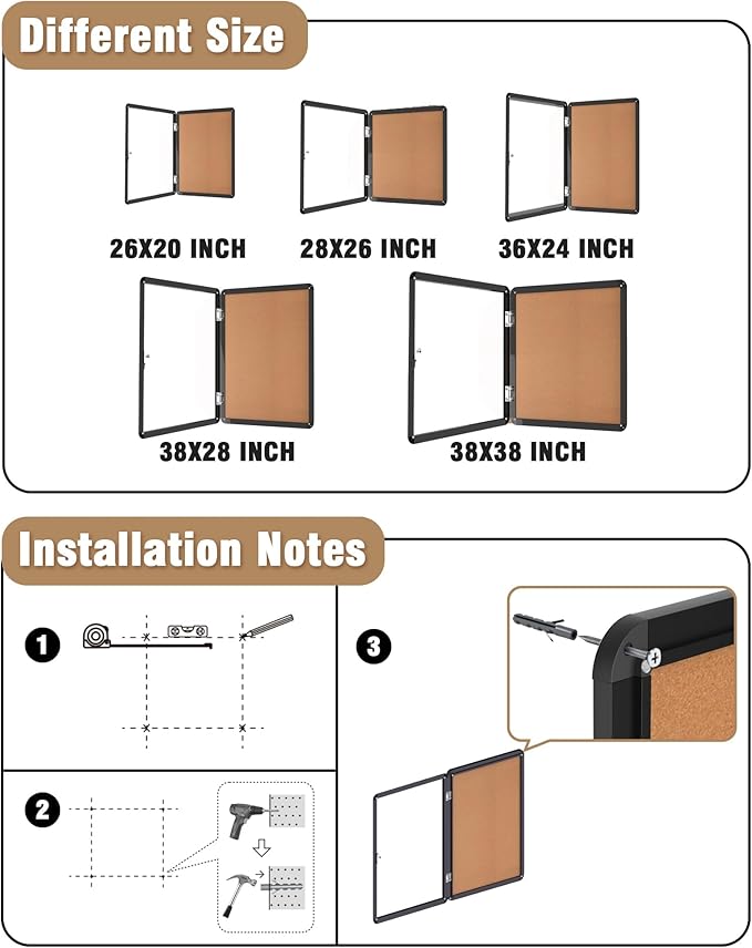 Mifuro 38"x38" Enclosed Bulletin Board, Lockable Weather-Resistant Aluminum Cork Noticeboard for School & Office, Black Frame w/Cork
