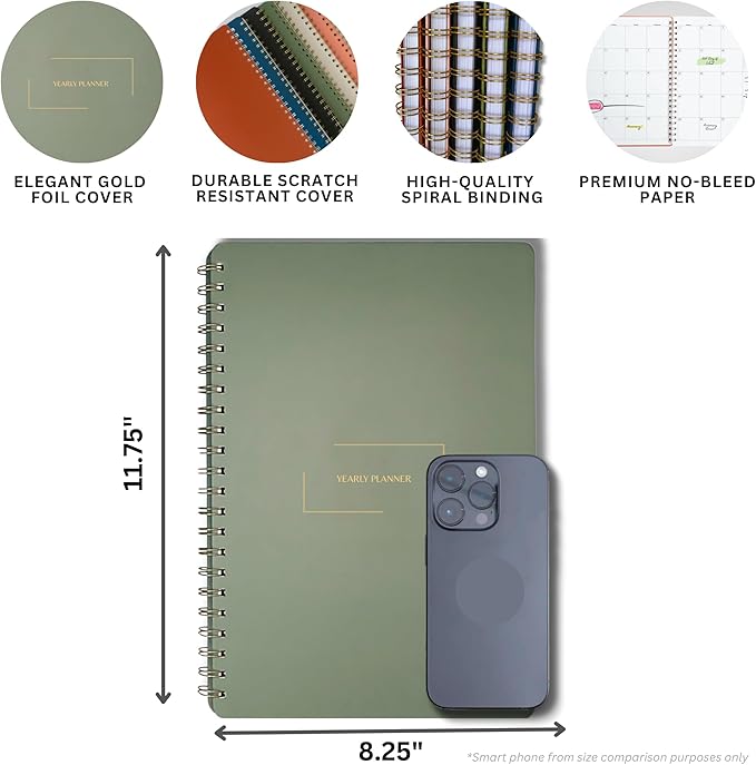 Merely Home | Ultimate Yearly, Daily, Weekly, Monthly Planner | 8.25" x 11.75" | To Do List Notebook for Work | Simple Design | Multiple Layouts | Academic Planner and Organizer Notebook (Evergreen, Yearly Planner - Portrait)