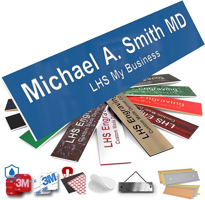 Engraved Name Plates for Door Sign Personalized Blue Plastic Plaque with White Letters - Made in USA 2x12 B9