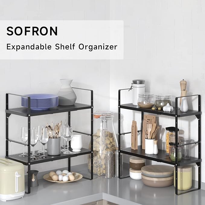 SOFRON Expandable Cabinet Storage Shelf Stackable Organizer Rack for Kitchen Bathroom Pantry Spice Cupboard Coffee Countertop Home Office Desk Heavy Duty Nonslip Black Large 3 Packs