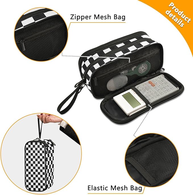 BOENLE Black White Checkered Pencil Case Box Boys Girls Large Pencil Pouch Zipper Compartments Big Capacity Stationery Pen Bag Organizer for Kids Teens Adults School
