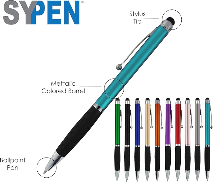 SyPen Personalized Pens With your Custom Logo or Text-300 Pack Bulk-for Businesses, Parties, and Events, 2 in 1 Ballpoint Pen & Stylus for Touchscreen Devices, Silver Barrel, Black Ink